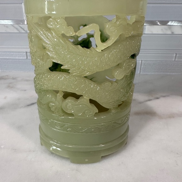 Chinese Carved Imitation Jadeite Candle / Pen Holder – Dragon Motif - Picture 3 of 9